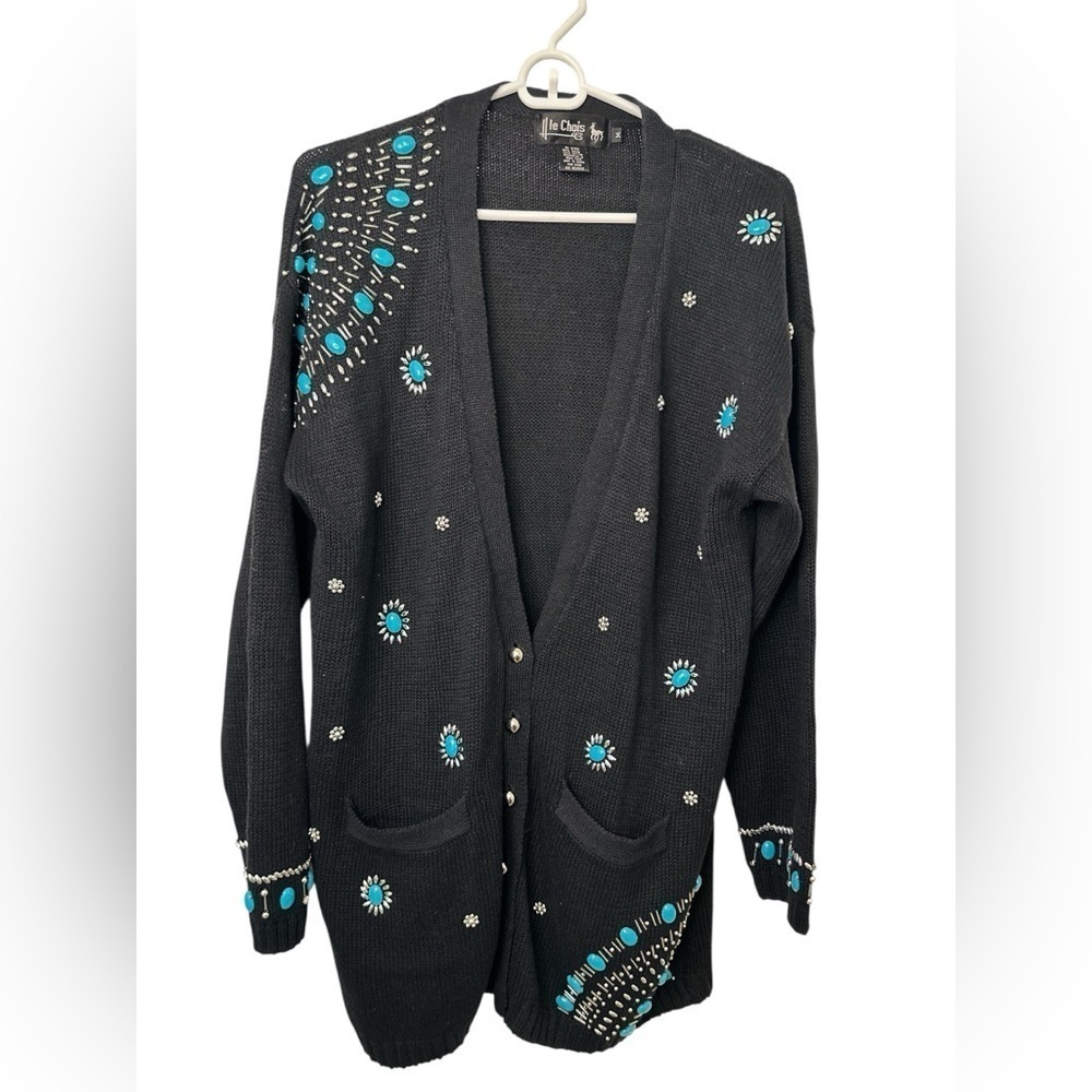 Le Chois Cardigan Medium Black Embellished Knit Sweater Silver Blue Beads NWOT